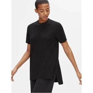 Eileen Fisher Black Organic Linen Crepe Stretch Mock Neck Tunic. Small